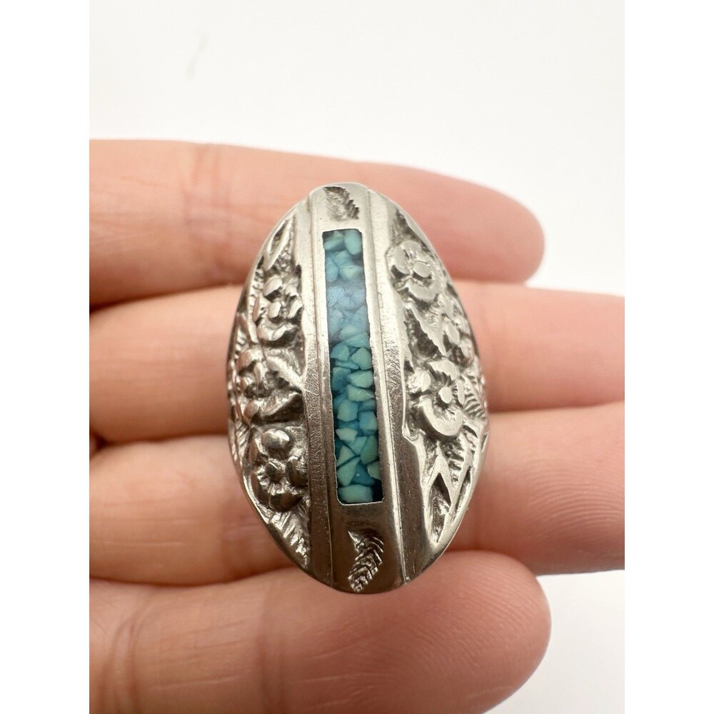 Vintage Southwestern Turquoise Inlay Ring Flower Design Size 7
